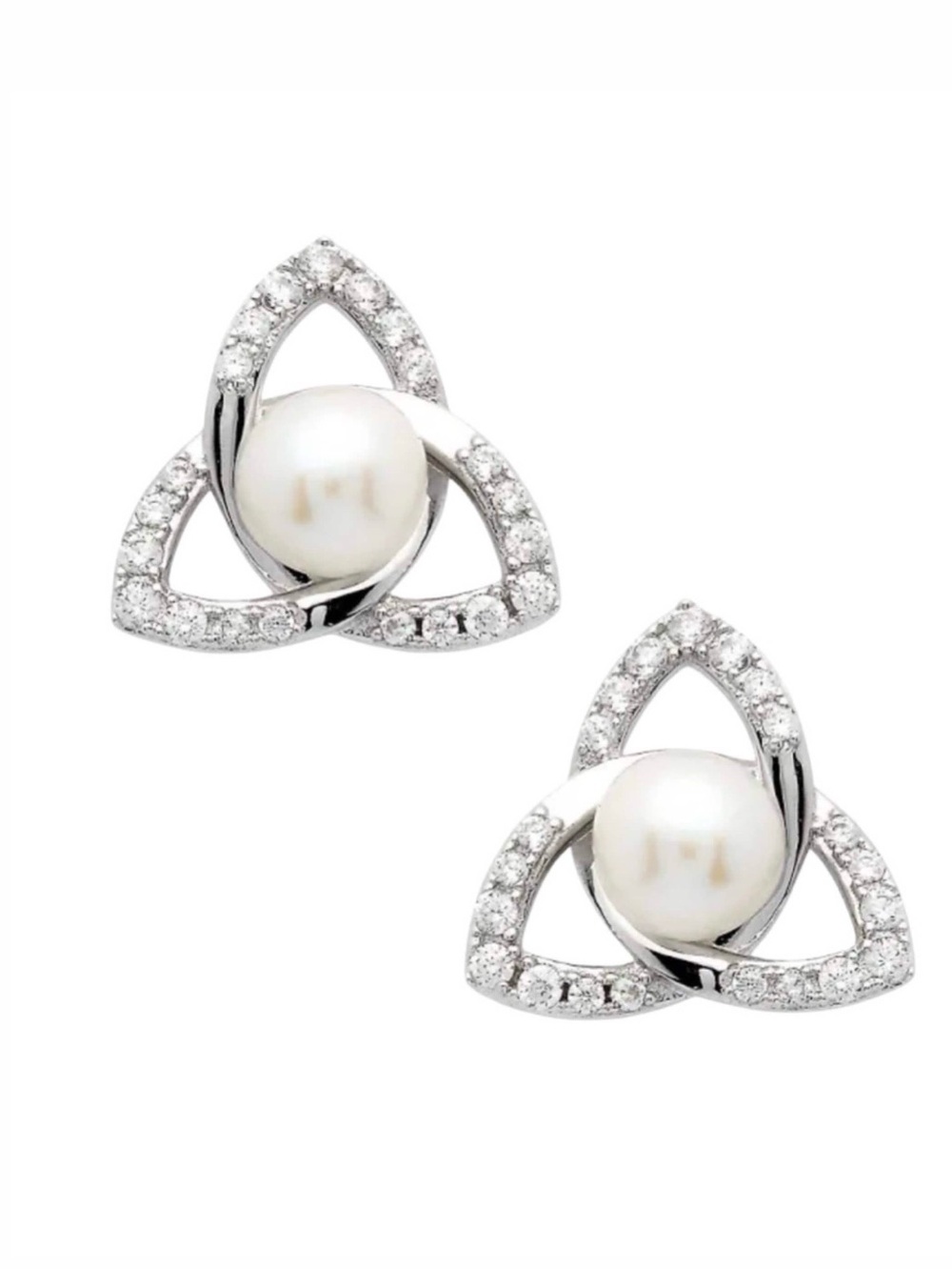 Classic Pearl and Crystal Triangle Stud Earrings - White